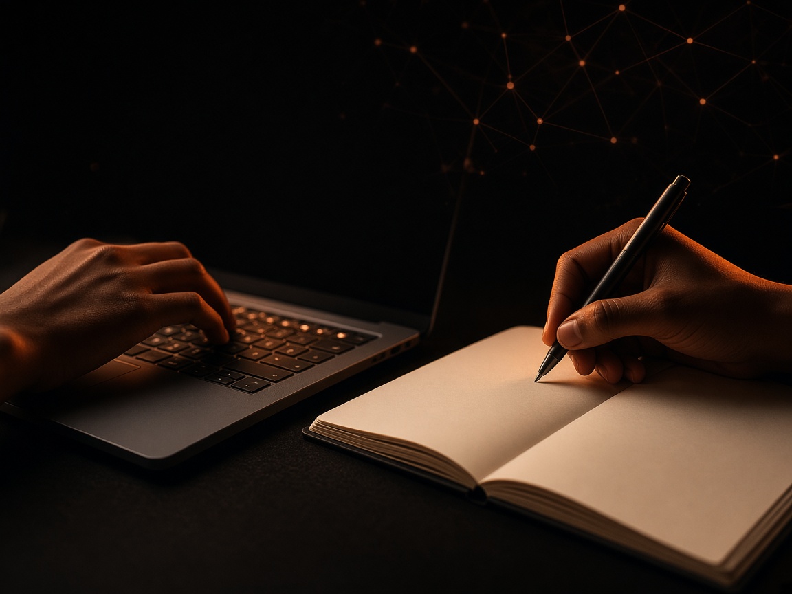 Mãos sobre teclado e caderno numa sala escura, luz cobre. Sem rostos.